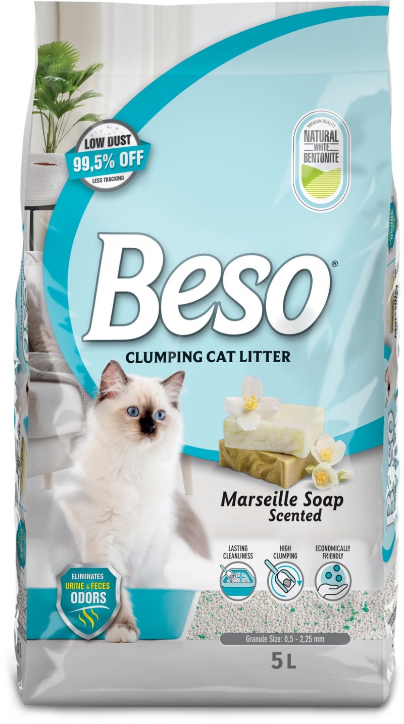 Beso Clumping Cat Litter Marseille Soap Scented 5L , Premium Odor Control, Fast Clumping & Dust-Free - Image 1